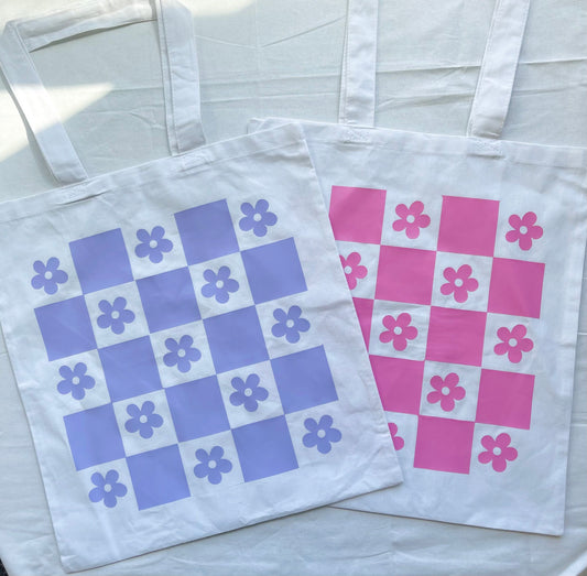 "Checkered Flower" Tote Bag